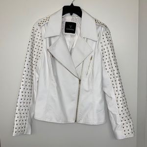 White Studded Leather Bomber Jacket